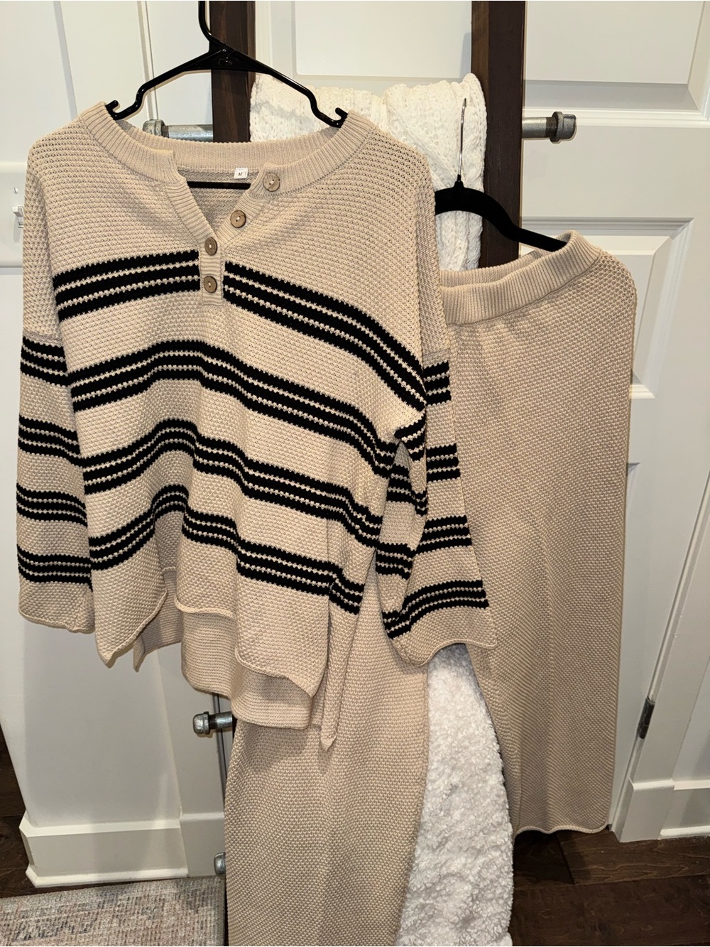 Amazon Beige and Black Striped Knit Henley Sweater Set